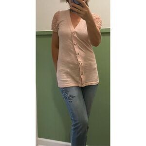 Twelve by twelve  Los Angles Pink Ruffle Lace Sleeves Buttons down Women’s Top